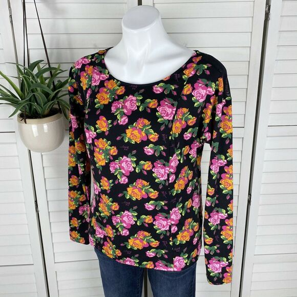 Betsey Johnson Floral Roses Stretch Paneled Top Mesh Shoulder Inset Shirt Size M - Picture 1 of 8